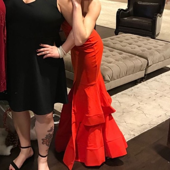 Trumpet Mermaid front Slit Dress Ruffle Gown Strapless Red Party Cocktail - Picture 3 of 9